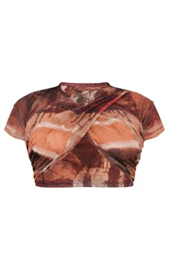Outlet PrettyLittleThing Printed Mesh Cross Over Front Crop Top Brown