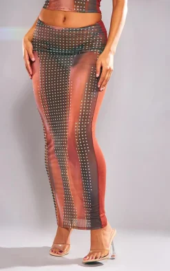 Sale PrettyLittleThing Printed Mesh Diamante Hot Fix Low Rise Maxi Skirt Brown