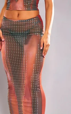 Sale PrettyLittleThing Printed Mesh Diamante Hot Fix Low Rise Maxi Skirt Brown