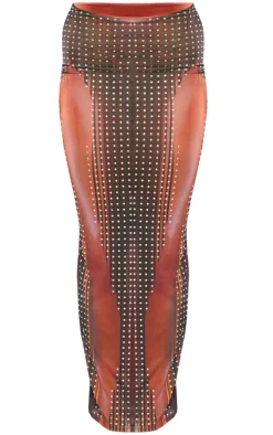 Sale PrettyLittleThing Printed Mesh Diamante Hot Fix Low Rise Maxi Skirt Brown