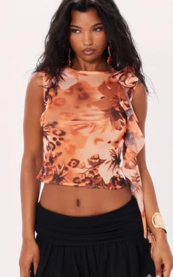PrettyLittleThing Sleeveless Tops*Printed Mesh Floral Shoulder Long Top
