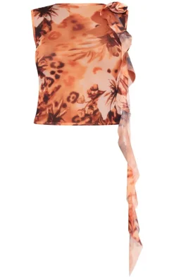 PrettyLittleThing Sleeveless Tops*Printed Mesh Floral Shoulder Long Top
