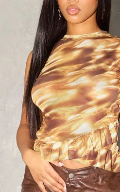 PrettyLittleThing Sleeveless Tops*Printed Mesh Frill Long Top