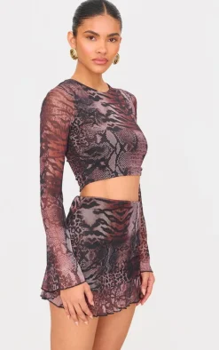 Clearance PrettyLittleThing Printed Mesh Frill Hem Mini Skirt Brown
