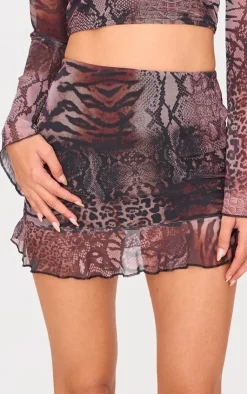 Clearance PrettyLittleThing Printed Mesh Frill Hem Mini Skirt Brown