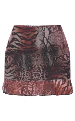 Clearance PrettyLittleThing Printed Mesh Frill Hem Mini Skirt Brown