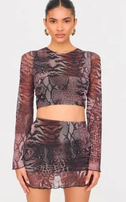 Online PrettyLittleThing Printed Mesh Long Sleeve Top Brown