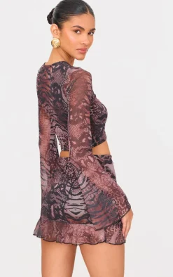Online PrettyLittleThing Printed Mesh Long Sleeve Top Brown