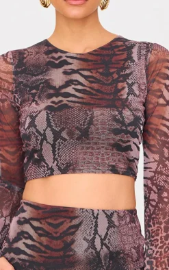 Online PrettyLittleThing Printed Mesh Long Sleeve Top Brown