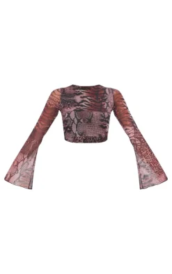 Online PrettyLittleThing Printed Mesh Long Sleeve Top Brown