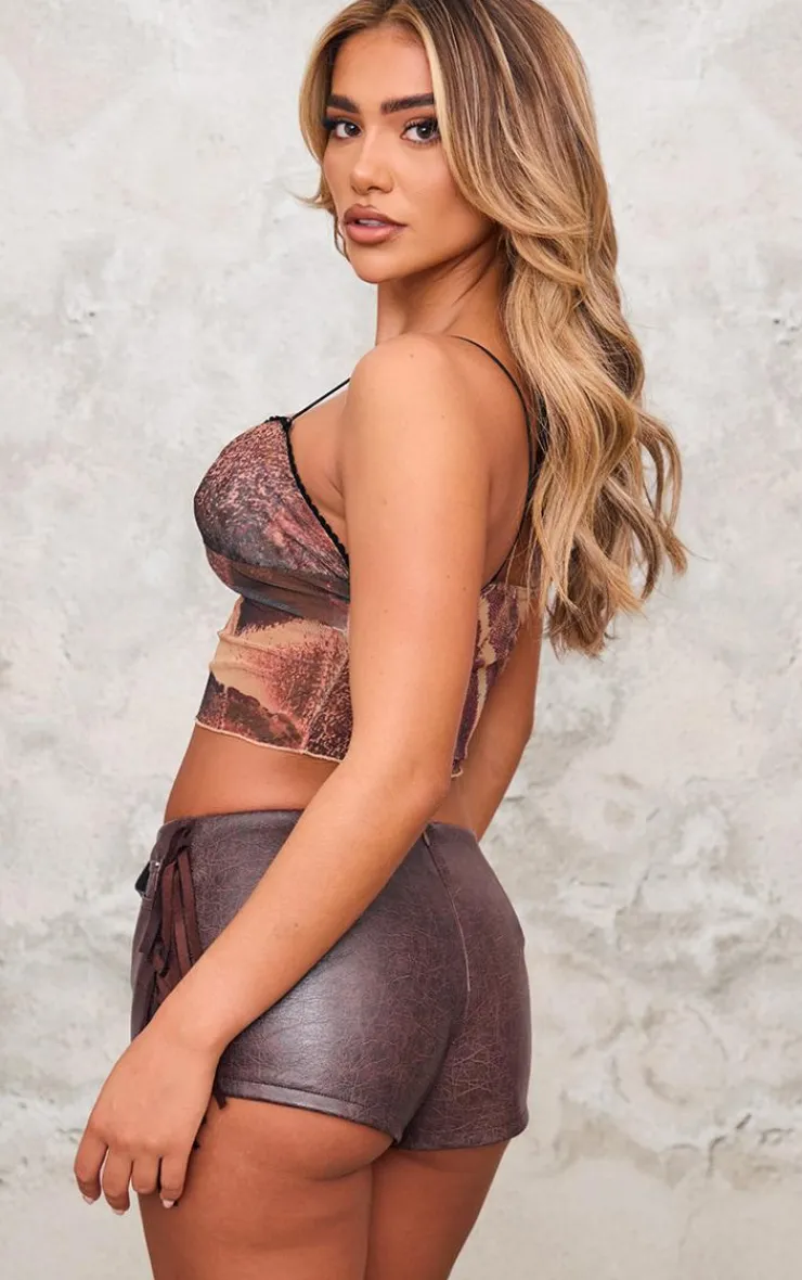 PrettyLittleThing Camisole*Printed Mesh Strappy Lettuce Hem Cami Top
