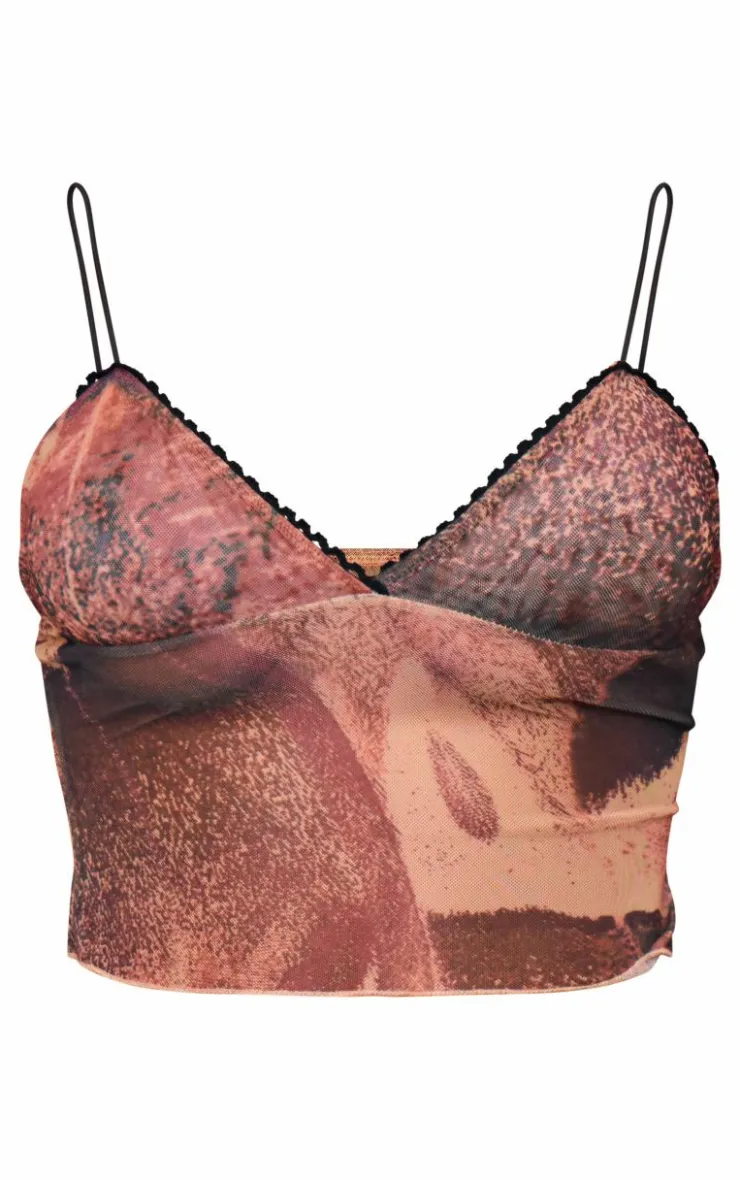 PrettyLittleThing Camisole*Printed Mesh Strappy Lettuce Hem Cami Top