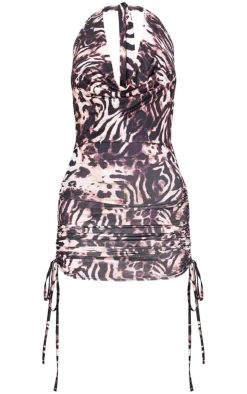 Printed Slinky Cowl Neck Ruched Side Mini Dress-PrettyLittleThing New