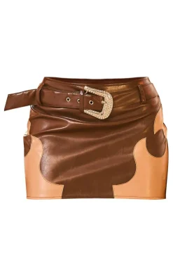 Discount PrettyLittleThing PU Belted Micro Mini Skirt Brown