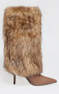 PrettyLittleThing Over The Knee Boots*Pu Faux Fur Fold Over Stiletto Knee High Heeled Boots