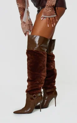 PrettyLittleThing Over The Knee Boots*PU Faux Fur Point Toe Over The Knee High Stiletto Heeled Boots