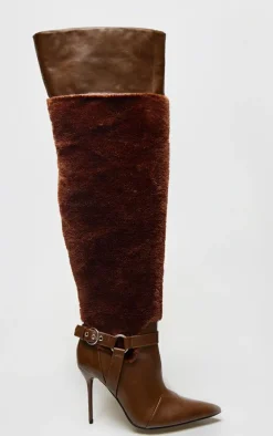 PrettyLittleThing Over The Knee Boots*PU Faux Fur Point Toe Over The Knee High Stiletto Heeled Boots