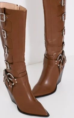 PrettyLittleThing High Heels*Pu Point Toe Buckle Knee High Heeled Western Boots