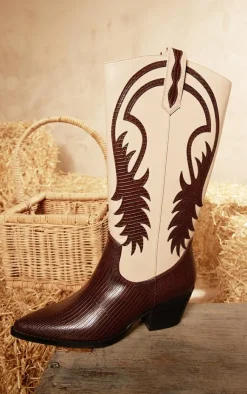 PrettyLittleThing Knee High Boots*PU Point Toe Contrast Knee High Western Boots