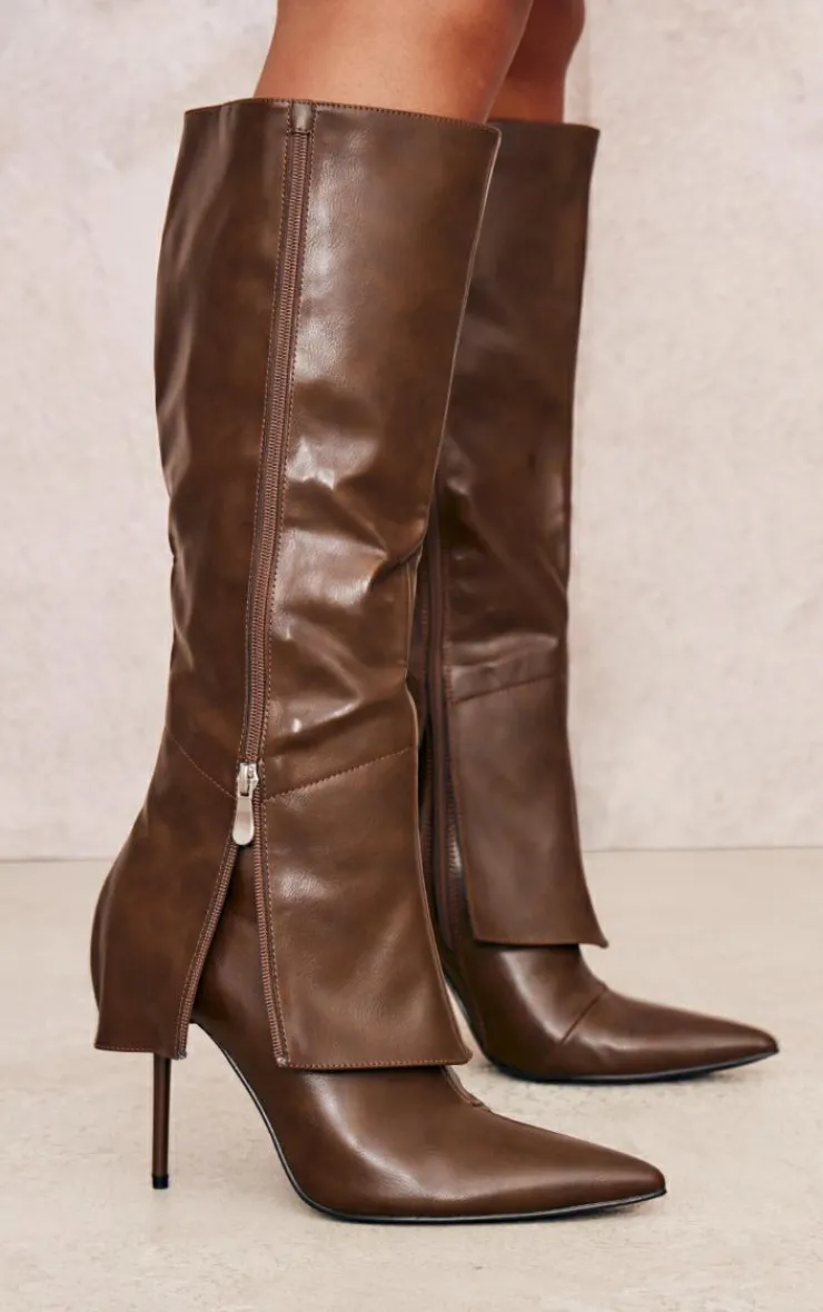 PrettyLittleThing Knee High Boots*PU Point Toe Fold Over Zip Detail High Stiletto Heeled Boots