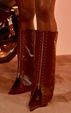PrettyLittleThing Knee High Boots*PU Point Toe Gold Stud Fold Over High Stiletto Heeled Boots