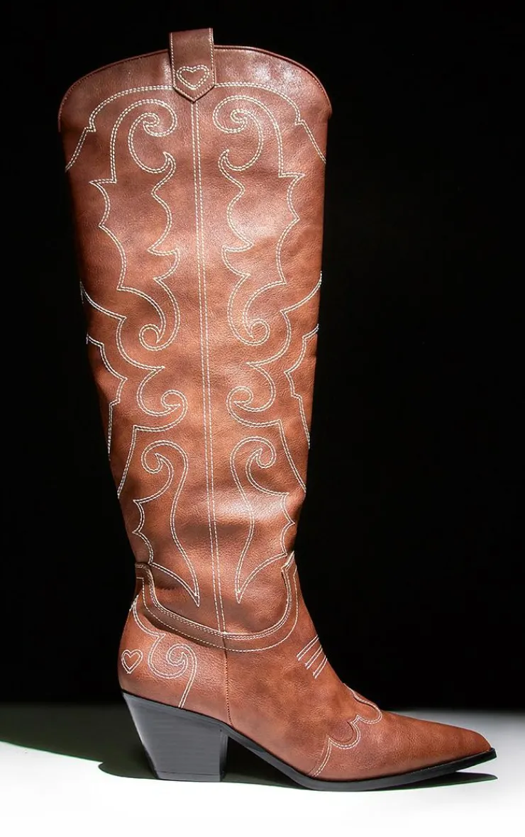 PrettyLittleThing High Heels*PU Point Toe Heart Stitched Western Knee High Heeled Boots