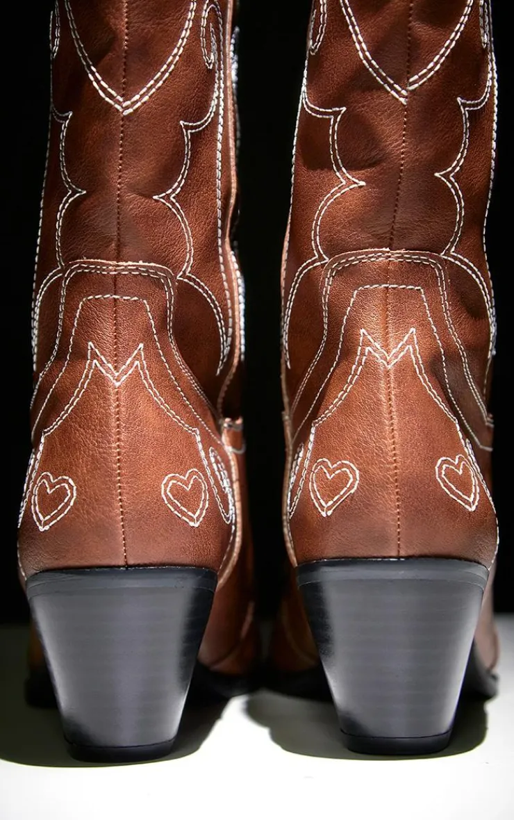 PrettyLittleThing High Heels*PU Point Toe Heart Stitched Western Knee High Heeled Boots