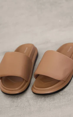 PrettyLittleThing Slides*Pu Round Toe Velcro Strap Flat Slider Sandals