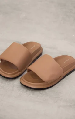 PrettyLittleThing Slides*Pu Round Toe Velcro Strap Flat Slider Sandals