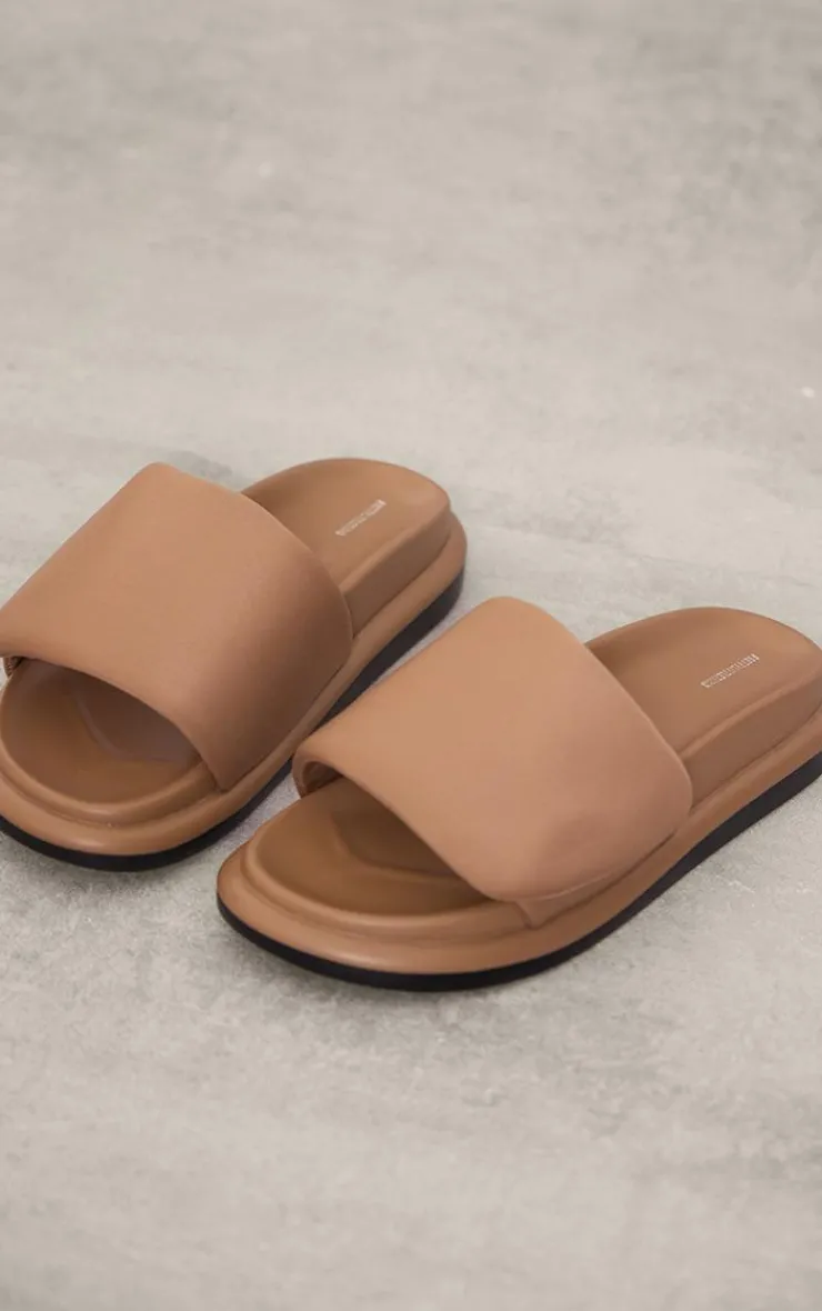 PrettyLittleThing Slides*Pu Round Toe Velcro Strap Flat Slider Sandals