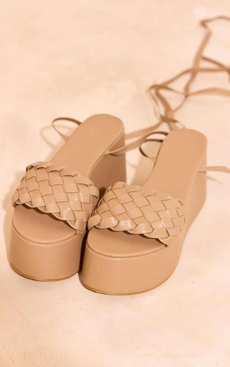 PrettyLittleThing Platform Sandals*PU Round Toe Woven Strap Lace Up Platform Sandals