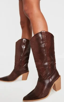 PrettyLittleThing Knee High Boots*PU Wide Fit Croc Point Toe Knee High Western Boots