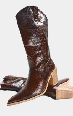 PrettyLittleThing Knee High Boots*PU Wide Fit Croc Point Toe Knee High Western Boots