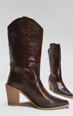 PrettyLittleThing Knee High Boots*PU Wide Fit Croc Point Toe Knee High Western Boots