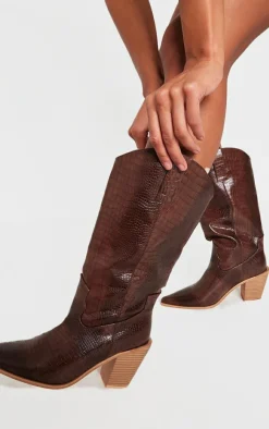 PrettyLittleThing Knee High Boots*PU Wide Fit Croc Point Toe Knee High Western Boots