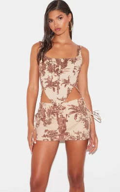 Online PrettyLittleThing Renaissance Inspired Print Dip Front Denim Corset Top Brown
