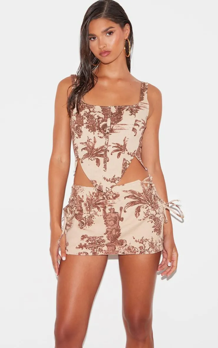 Online PrettyLittleThing Renaissance Inspired Print Dip Front Denim Corset Top Brown