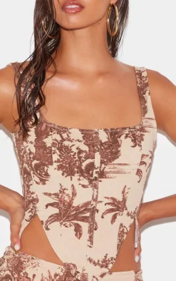 Online PrettyLittleThing Renaissance Inspired Print Dip Front Denim Corset Top Brown