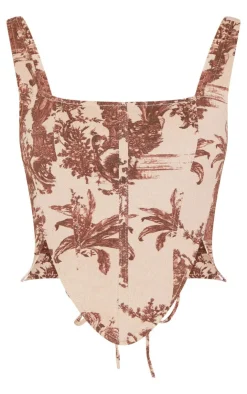Online PrettyLittleThing Renaissance Inspired Print Dip Front Denim Corset Top Brown