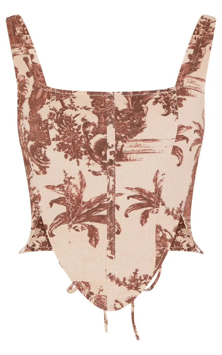 Online PrettyLittleThing Renaissance Inspired Print Dip Front Denim Corset Top Brown
