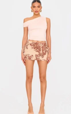 Hot PrettyLittleThing Renaissance Inspired Print Lace Side Denim Mini Skirt Brown