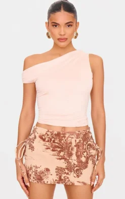 Hot PrettyLittleThing Renaissance Inspired Print Lace Side Denim Mini Skirt Brown