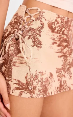 Hot PrettyLittleThing Renaissance Inspired Print Lace Side Denim Mini Skirt Brown