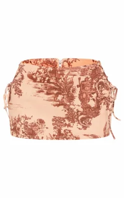 Hot PrettyLittleThing Renaissance Inspired Print Lace Side Denim Mini Skirt Brown