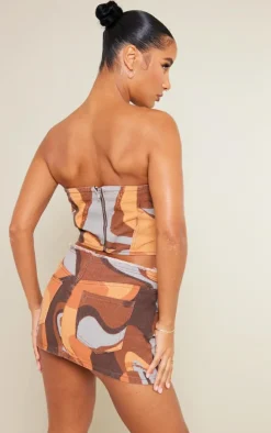 Best PrettyLittleThing Retro Swirl Print Panelled Denim Corset Top Brown