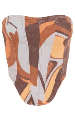 Best PrettyLittleThing Retro Swirl Print Panelled Denim Corset Top Brown