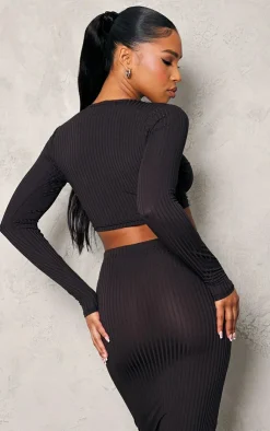 Sale PrettyLittleThing Ribbed V Neck Long Sleeve Crop Top Brown