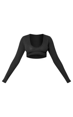 Sale PrettyLittleThing Ribbed V Neck Long Sleeve Crop Top Brown