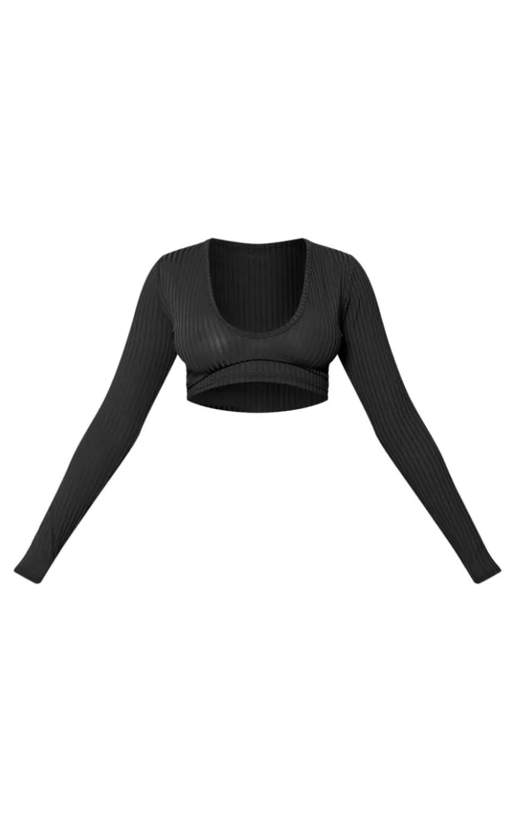 Sale PrettyLittleThing Ribbed V Neck Long Sleeve Crop Top Brown