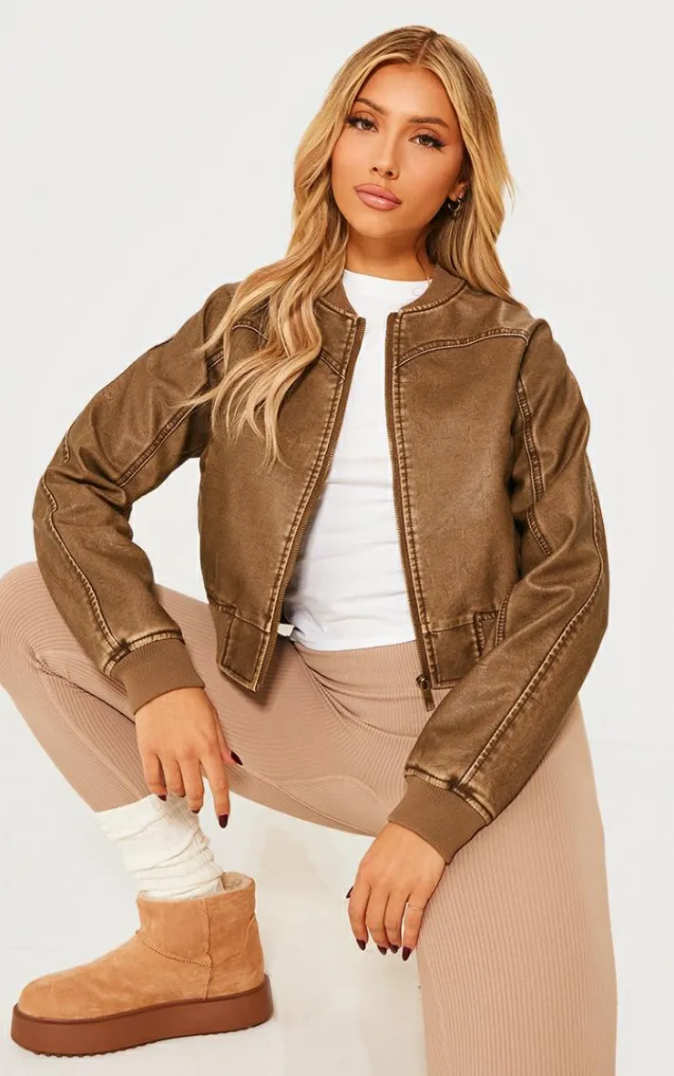 PrettyLittleThing Bomber Jackets*Seam Detail Distressed Pu Bomber